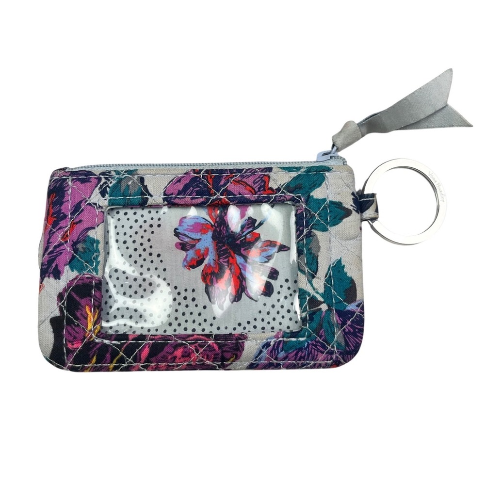 Vera Bradley Zip ID Case Floral Purple Teal Quilted Cotton Wallet Key Ring